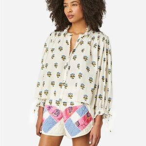 RHODE LOUISA TOP white long sleeve floral button down tie sleeves